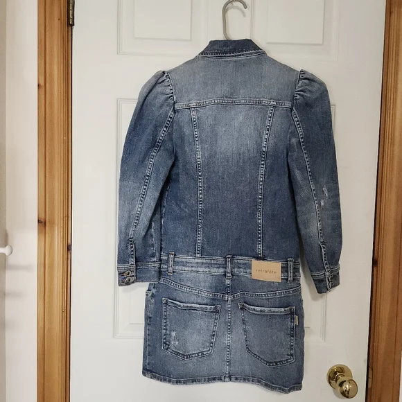 Retrofete Sibi dress Bailey distressed denim mini jean puff sleeves women's xs - Picture 7 of 17